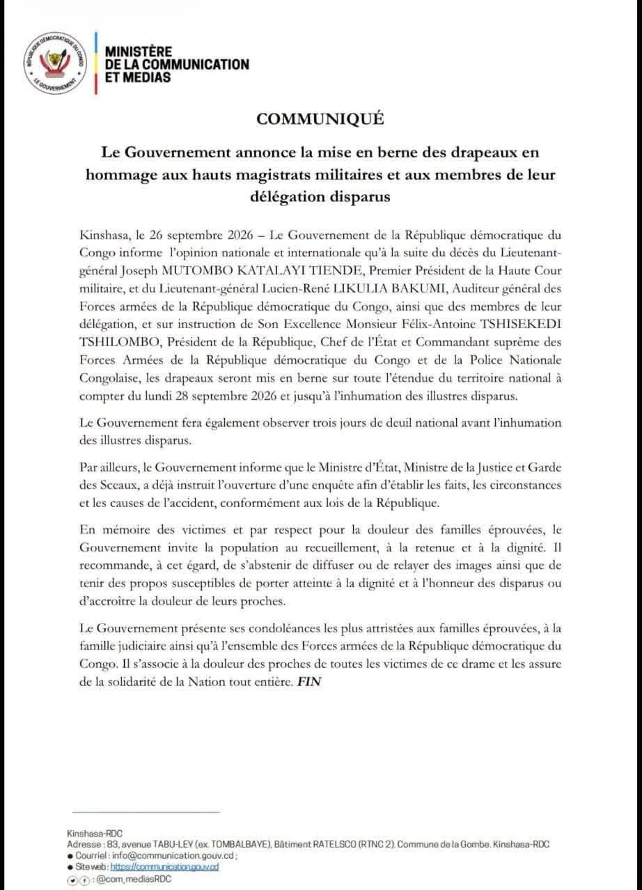 RDC/ Crash aérien : Deuil National décrété sur toute l’étendue de la RDC